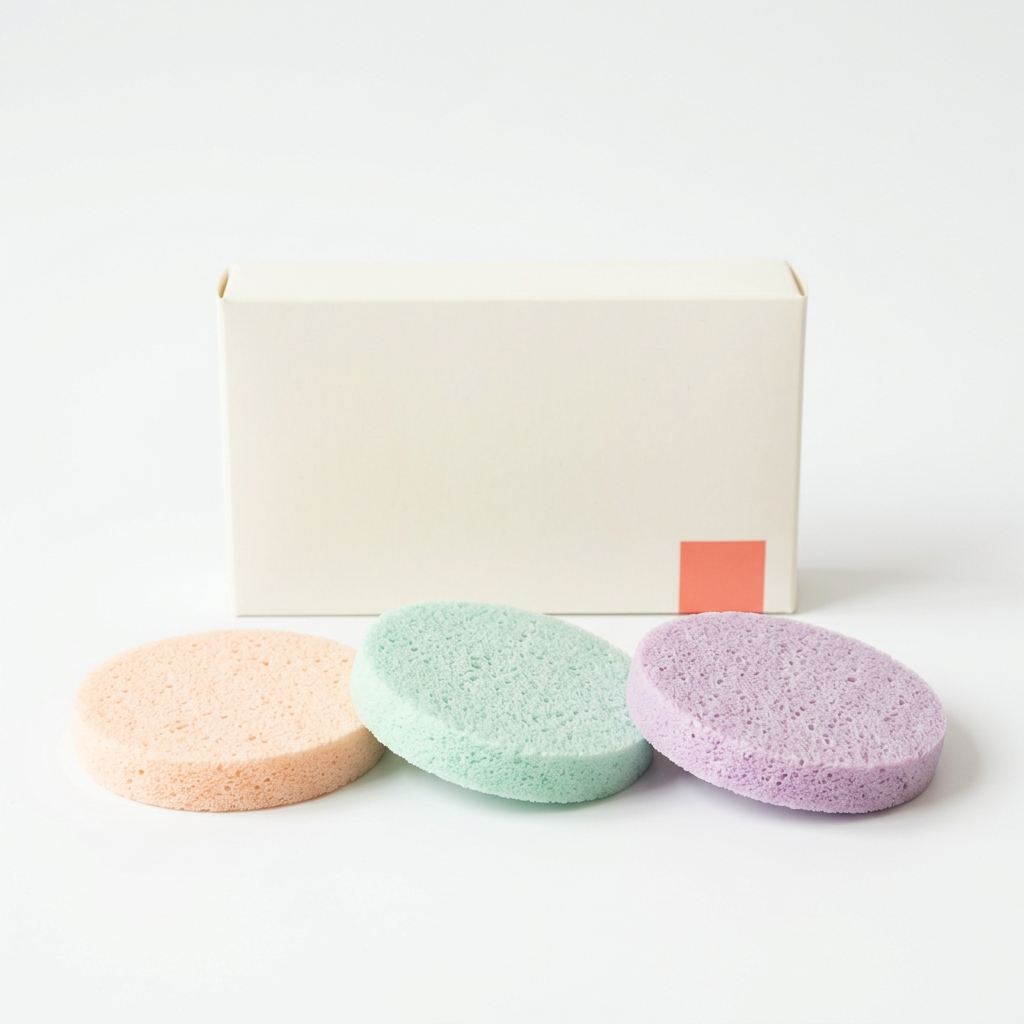 Peach mint and lavender facial sponges with ivory carton on white