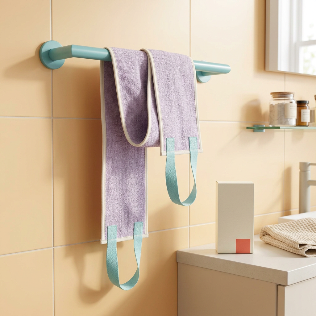 Long lavender back towel draped on a bathroom rail