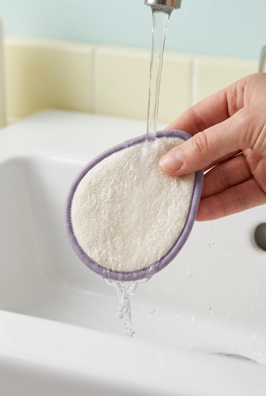 Mini textile makeup remover pad being rinsed over a sink