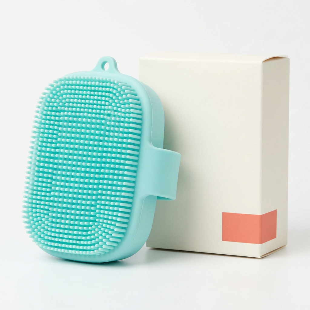 Aqua silicone body brush with strap and hanging eyelet on white