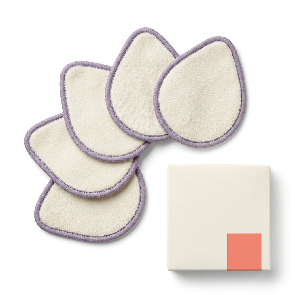 Five ivory lavender-edged teardrop pads and carton on white