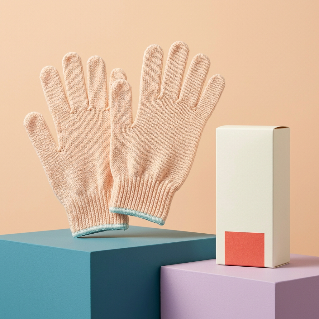 Two peach knitted bath gloves and ivory carton on colorful podiums