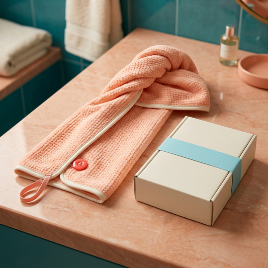 Peach waffle microfiber hair towel wrap with logo-free packaging