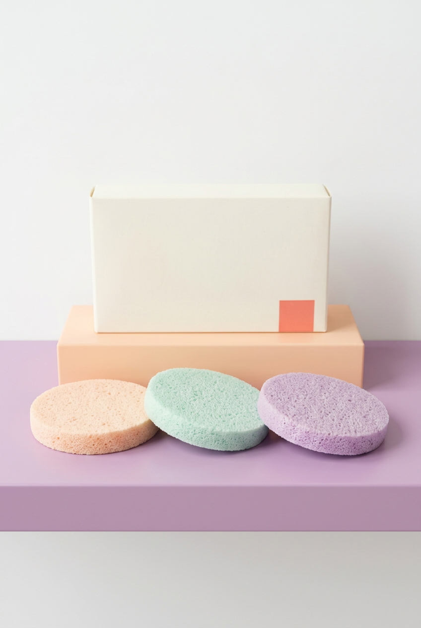 Three pastel facial sponges with coordinated logo-free carton