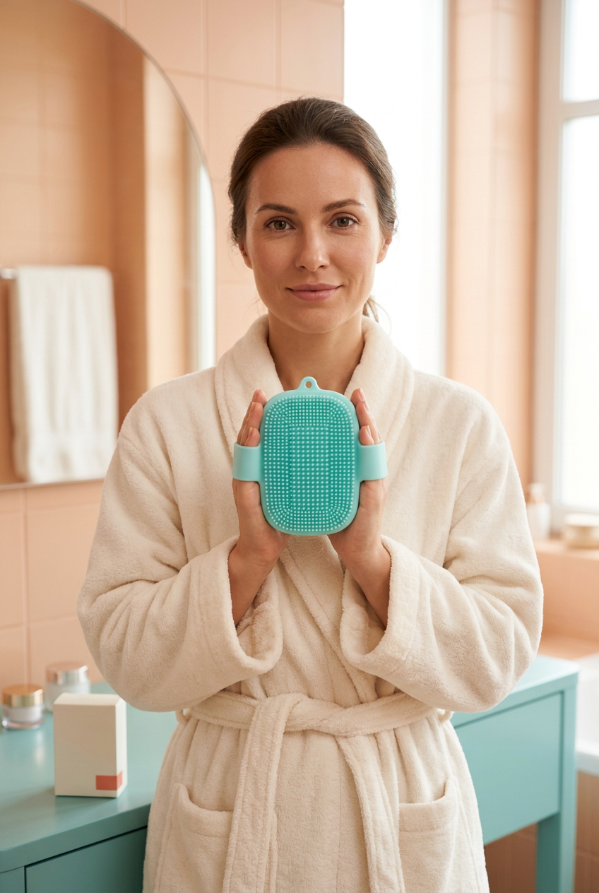 Adult female model holding an aqua body cleansing brush