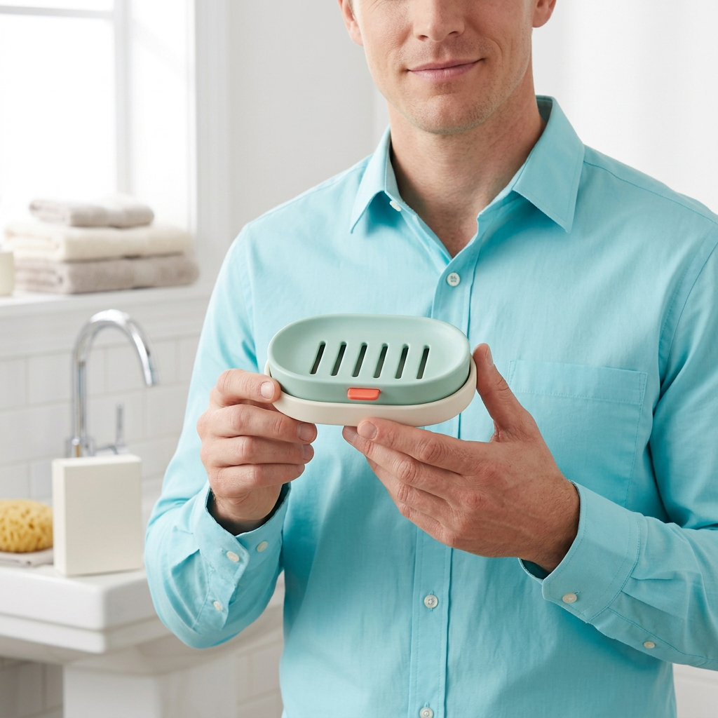 Male model holding mint soap dish