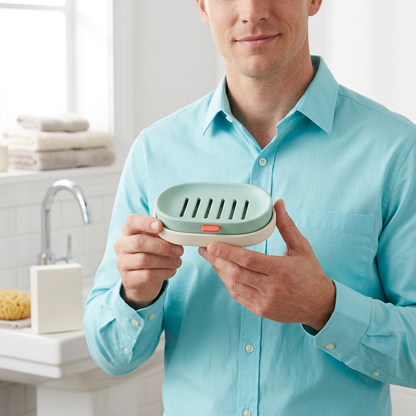 Male model holding mint soap dish