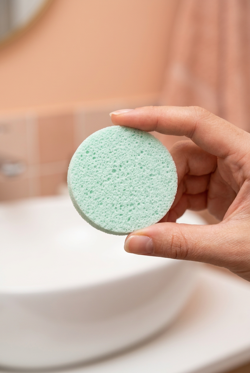 Hand holding mint facial sponge showing its rounded edge