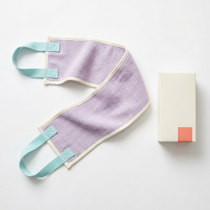 Lavender back towel aqua handles and ivory carton on white